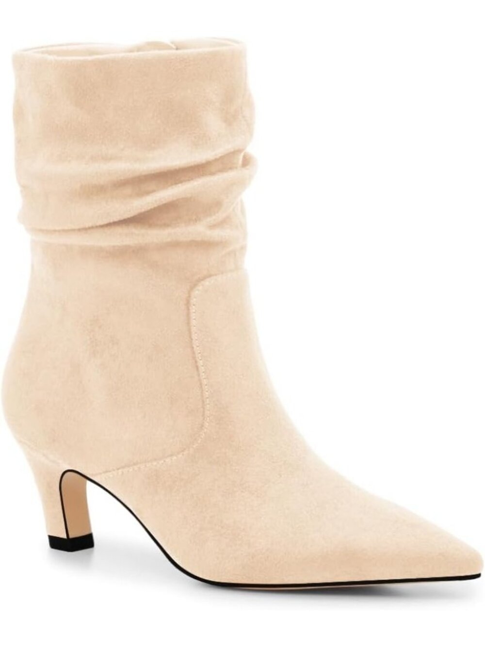 Women's Beige Slouchy Low Kitten Heel Pointed Toe Side Zipper Ankle Booties